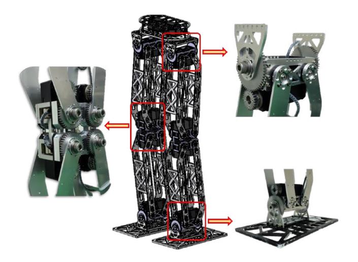 Fig. 1. Our new humanoid robot leg's 3D design and real parts