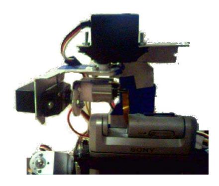 The Pan and Tilt Unit of Abarenbou. The servos are mounted upside down to prevent stress on the thin ribbon cable.