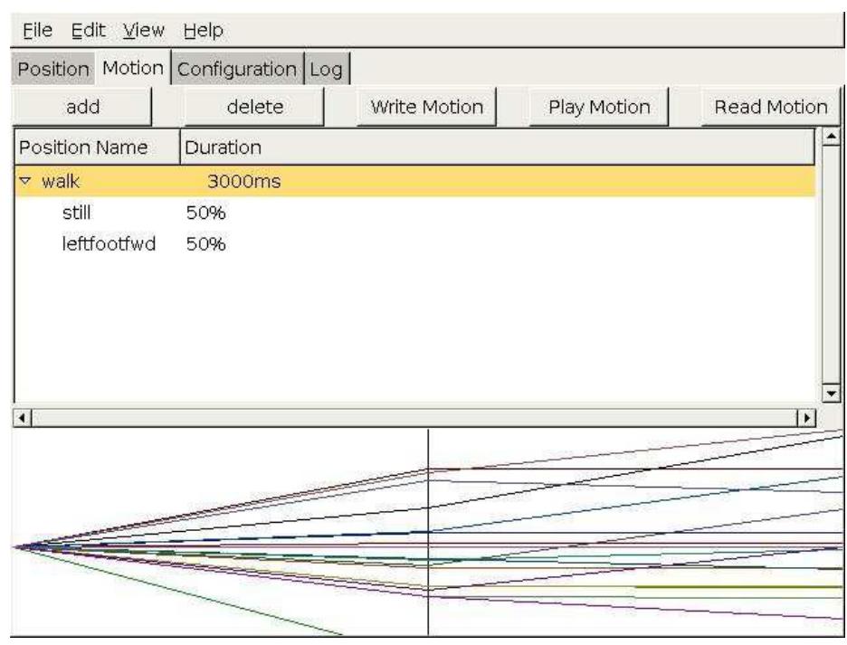 Interface of our motion development system (continued). The bottom window shows the combination of positions into motions.