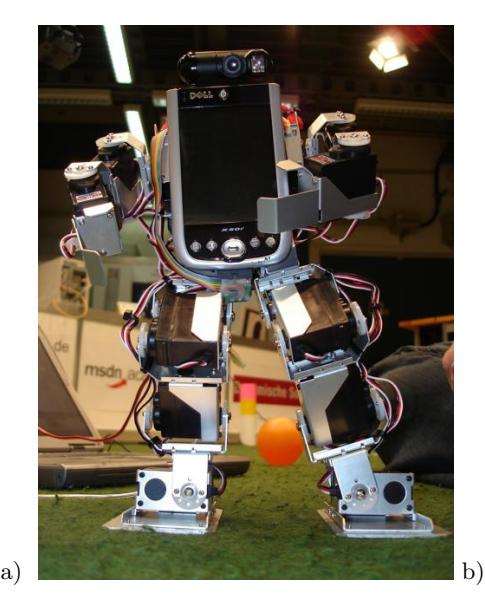 The two Kondo KHR-1 based robots from a) Dortmund and b) Bremen (not having a camera and a mirror yet).