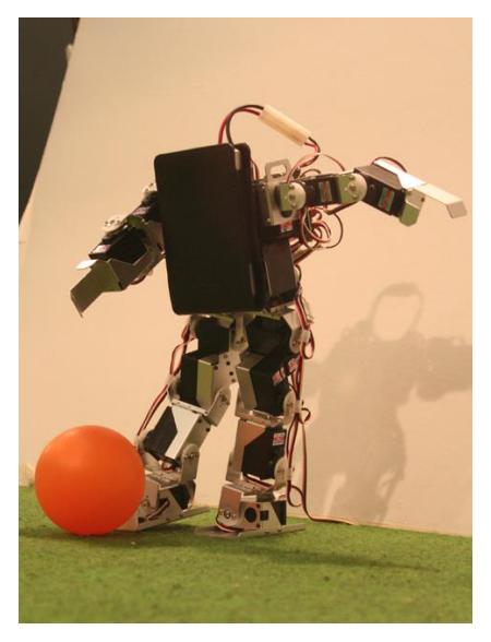 The two Kondo KHR-1 based robots from a) Dortmund and b) Bremen (not having a camera and a mirror yet).