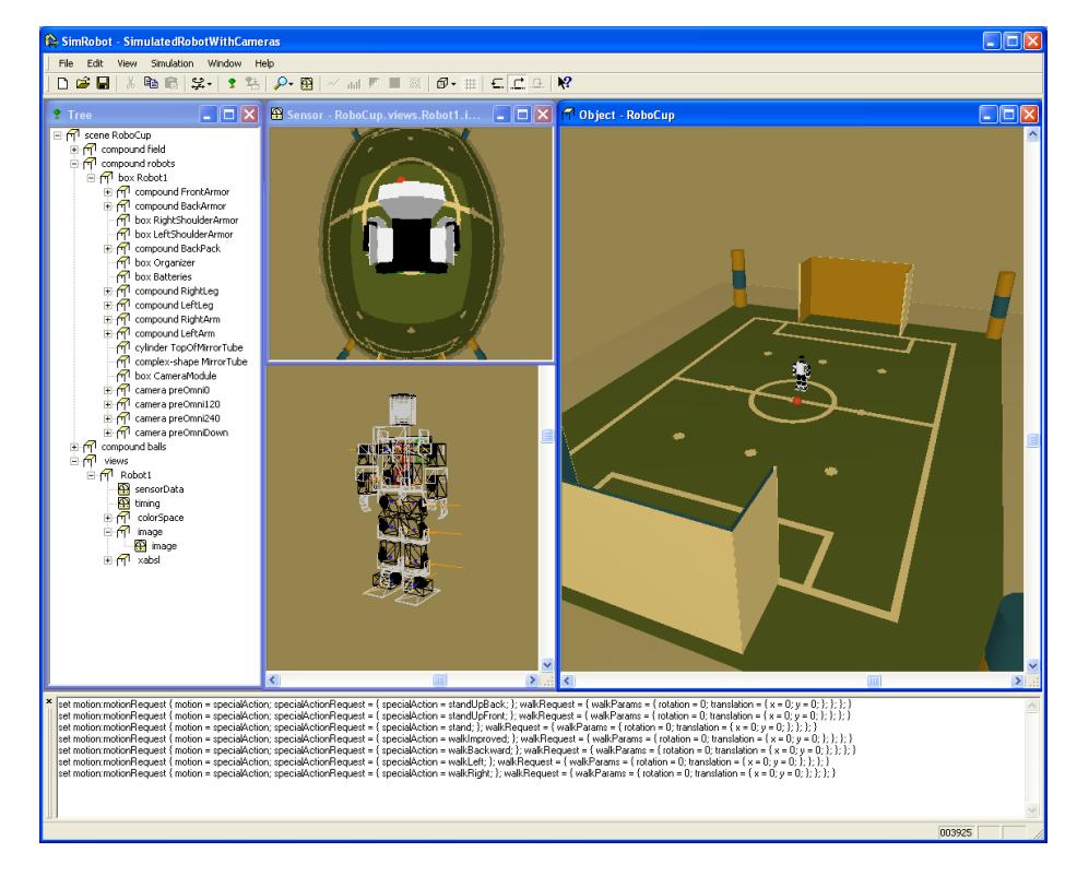 The user interface of SimRobot while simulating a robot on a KidSize field. The internal frames show (from left to right, top to bottom): a tree of all simulated objects, a simulated image of a camera pointed on an omni-directional mirror, a view of the whole scenario, a close view of the physics of a single robot, and the console which is used to enter interactive commands.