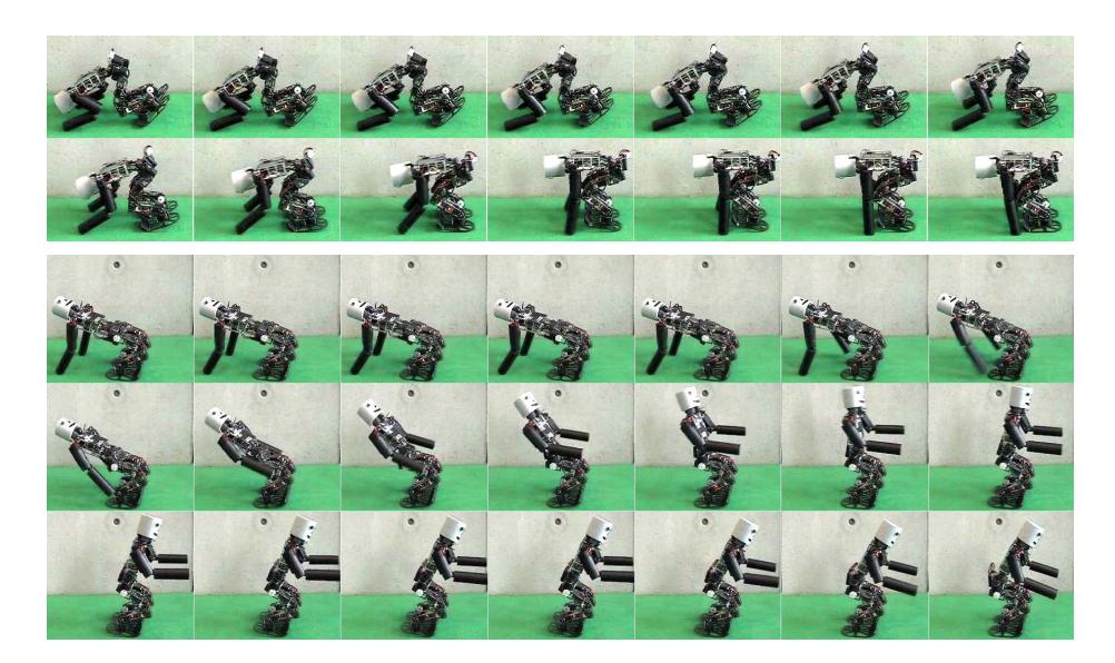 Fig. 3. Dynamic phase of getting up from the ground starting from the prone posture (upper sequence) and from the supine posture (lower sequence).