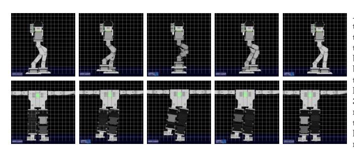 Arms are intentionally extended to allow for a better view of the motion of the Robonova-1 legs. The body looks gray instead of black due to shininess. For the sake of simplicity, the head is not shown in this 3D model, so the real humanoid robot is actually taller. Images were flipped horizontally to show the motion from left to right.
