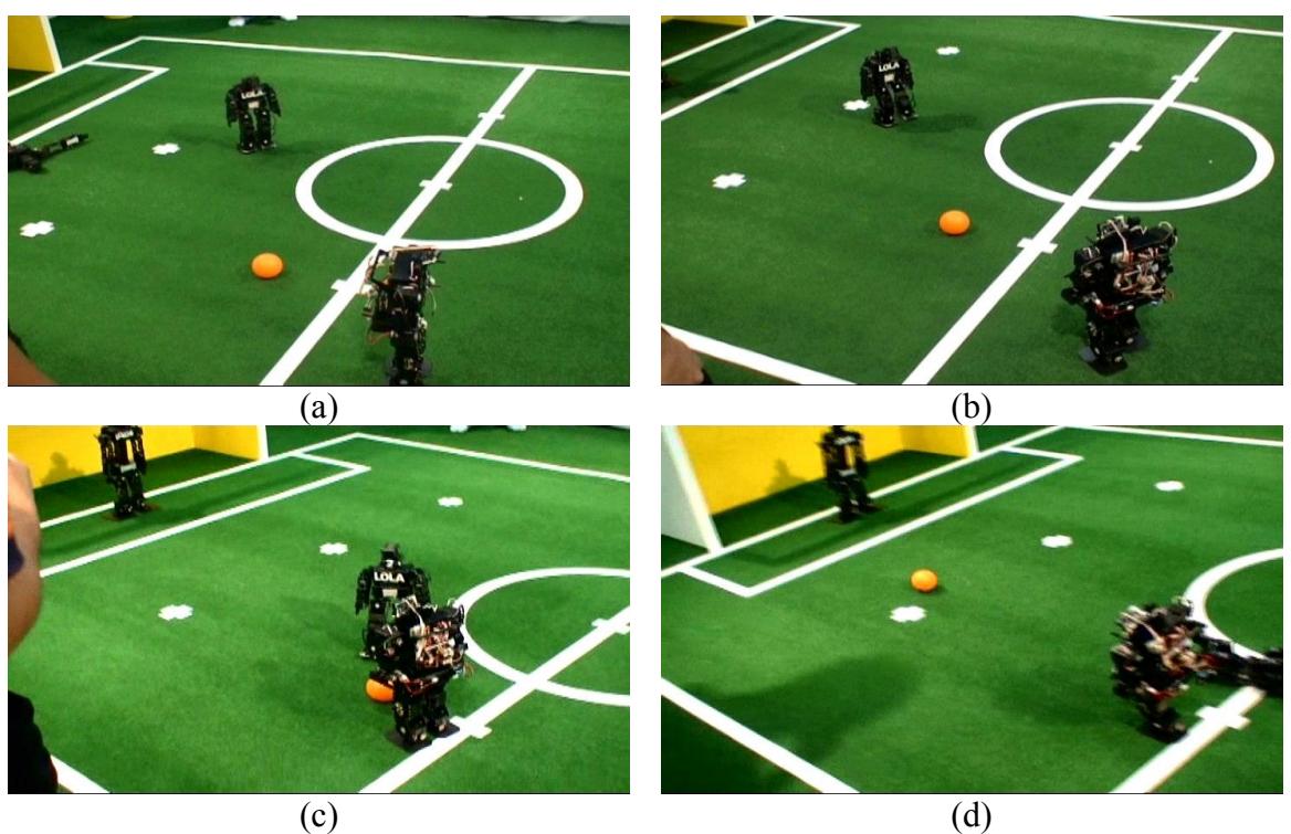 Fig. 5 Photographs of TWNHR-IV searches a ball and kicks the ball.