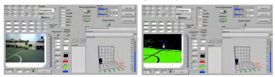Fig. 4. Ellipsoidal color segmentation and Graphic Interface in Development. Left image shows a normal picture of game field before treatment and right image shows that picture after color segmentation.