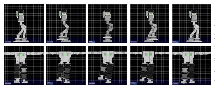 Fig. 4. Lateral and frontal views of a parametric gait generated using ARMS. Arms are intentionally extended to allow for a better view of the motion of the legs. The body looks gray instead of black due to shininess. For the sake of simplicity, the head is not shown in this 3D model, so the real humanoid robot is actually taller. Images were flipped horizontally to show the motion from left to right.