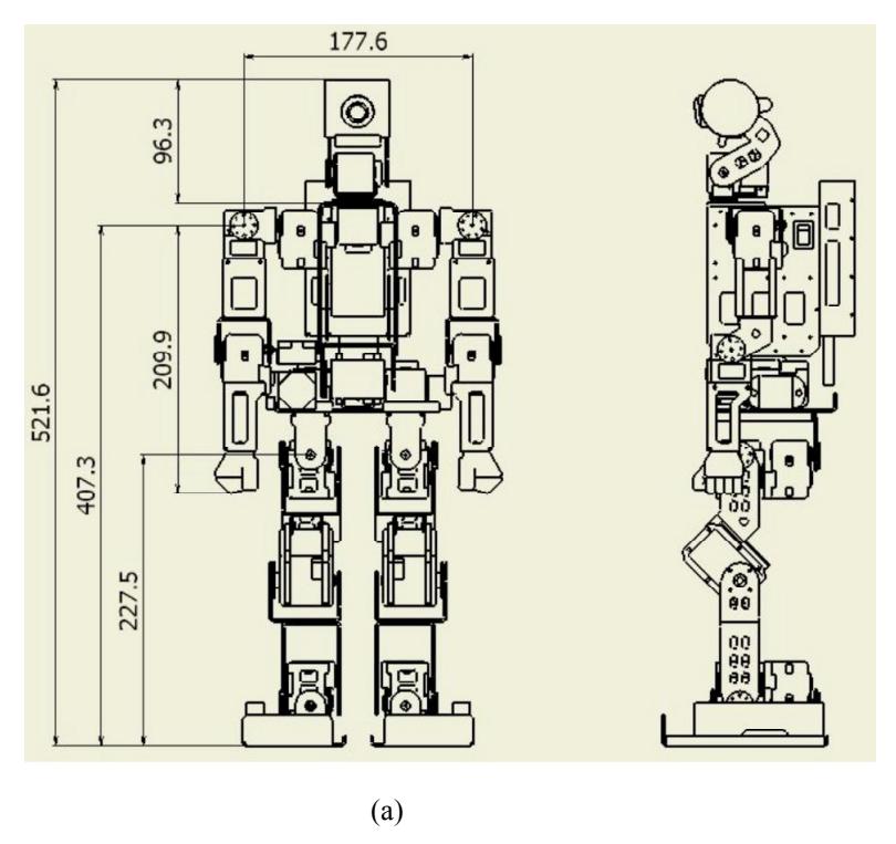 Frontal and lateral view of the (a) Hajime HR18 robot, and (b) UCH H2.