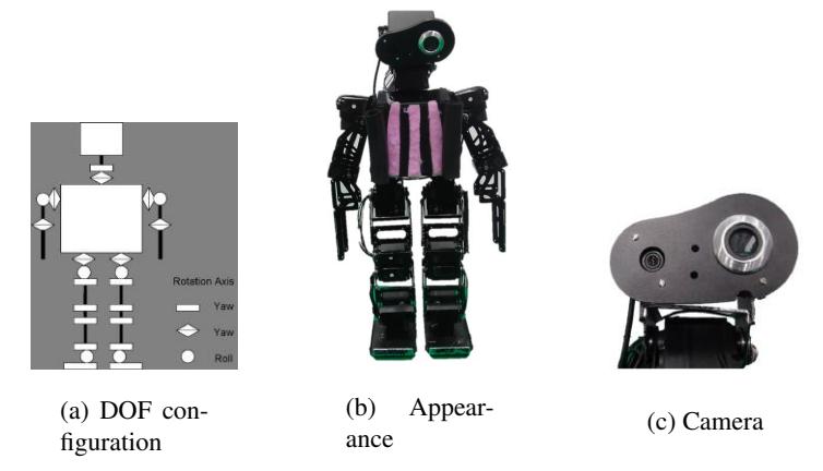 Fig. 1. The VisiON 4G robot: On the left side is a schematic overview of the actuators and their attitude in relation to the bodies. The center and the right side figures are the front view of the whole body and the head part of the robot, respectively.