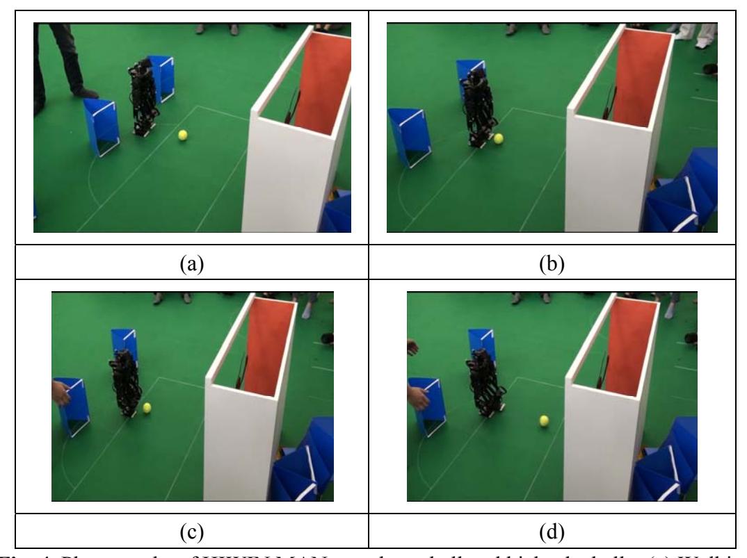 Fig. 4. Photographs of HIWIN MAN searches a ball and kicks the ball:(a) Walking ability towards the ball (b) Localization of unknown ball position (c) Kicking the ball towards the goal (d) Kicking the ball towards the goal.