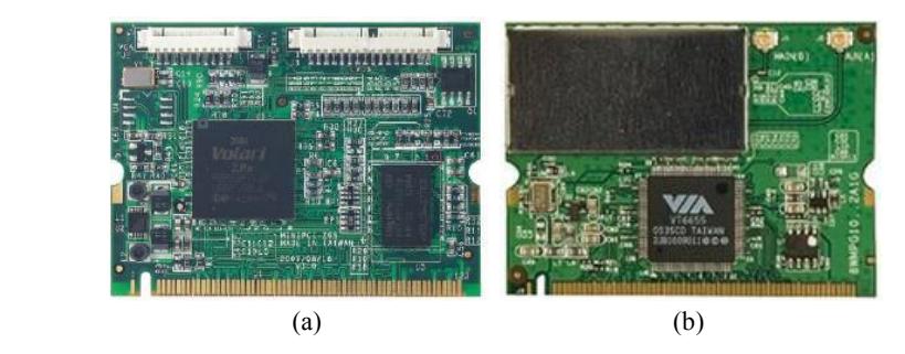 Fig. 5. (a) Mini PCI card for RB-110; (b) Mini PCI WiFi card.