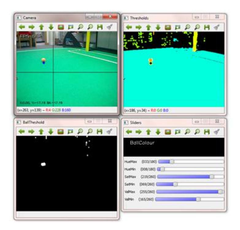 Fig. 3. Screen shots of vision calibration GUI. Clockwise from top left: Live robot view, combined threshold view, parameter calibrations, individual thresholding