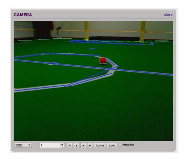 Fig. 1. Screenshot of vision debugging. Rectangles: detected objects; small filled squares: object ground positions; orange line: horizon; green line: field boundary; blue lines: detected lines.