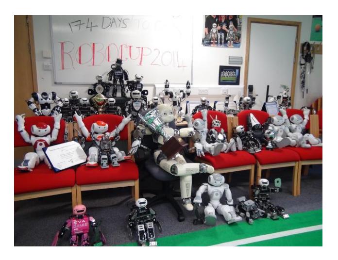 Fig. 1. The wide variety of humanoid robots used at Plymouth University, including all of the Drake bipedal robots.
