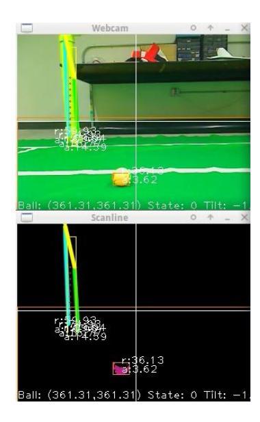 The robot identifying objects using our scanline/flood-fill based algorithm.