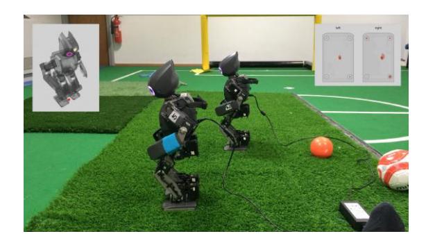 Fig. 1. Robots actively maintaining stability. Robot 2 (right) is equipped with FSR foot sensors and controls measured COP to be in the centre of support polygon. Robot 5 (left) has no foot sensors but derives stability reference point from IMU and orientation and controls this reference point to be within support polygon