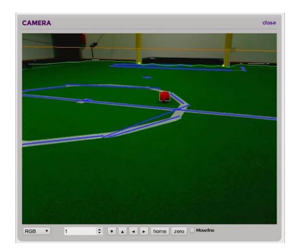 Fig. 2. Screenshot of vision debugging. Rectangles: detected objects; small filled squares: object ground positions; orange line: horizon; green line: field boundary; blue lines: detected lines.