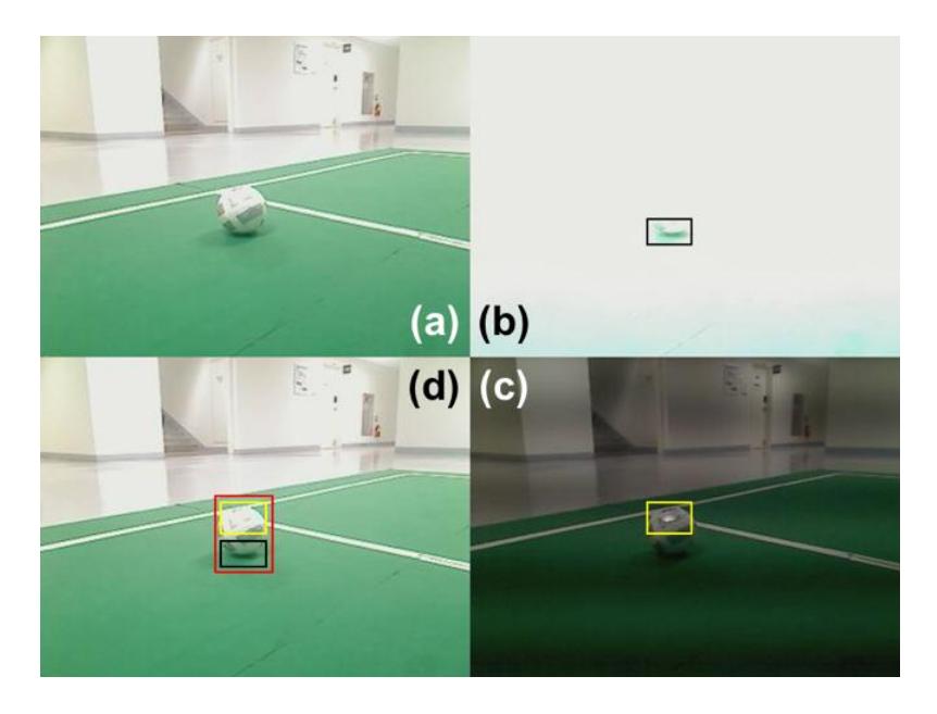 Fig. 4. (a) Original Picture, (b) Shadow Area, (c) Reflected Area, (d) Final Ball Detecting Area