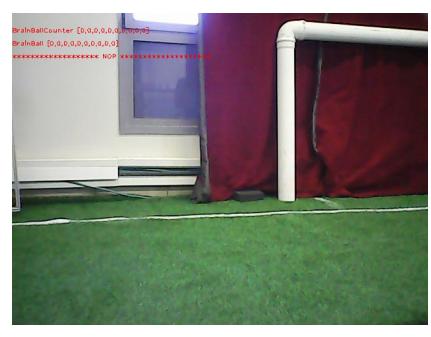 (a) The original image (b) The crossbar is detected (colored in blue), and the algorithm detects that the post in the image is the left post.