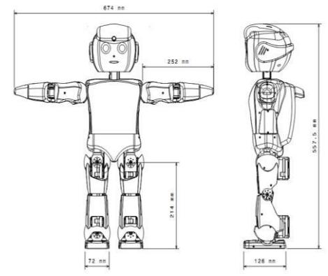 Figure 2. Left: One generation of KIARASH Open Platform robots, Right: Robot structural overall dimension.