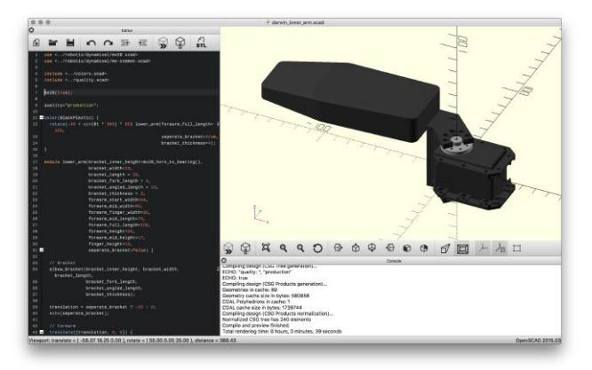 Fig. 1. Screenshot of 3D arm design, including implemented Dynamixel MX28 model.