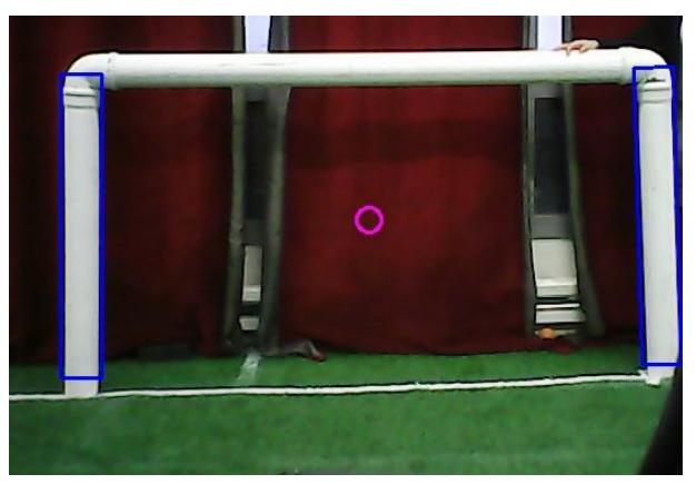The robot detects the goal and its center.