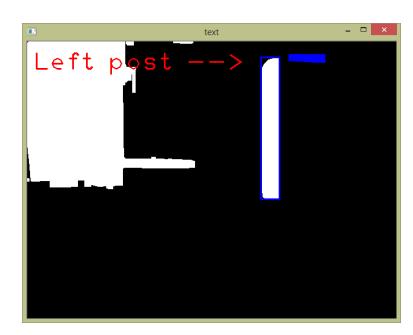 Single post detection - (a) The Original Image (b) The crossbar is detected (colored in blue), and the algorithm detects that the post in the image is the left post.