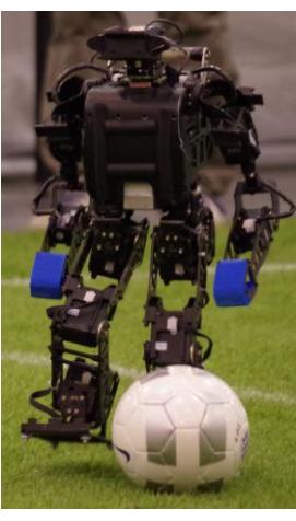 Fig. 1: Robot of ZJUDancer - (a) robot kicking the ball (b) mechanical sketch