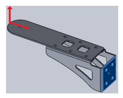Applied loads and boundary conditions. The red vectors represent the applied loads and the blue surface represents a fixed boundary condition.