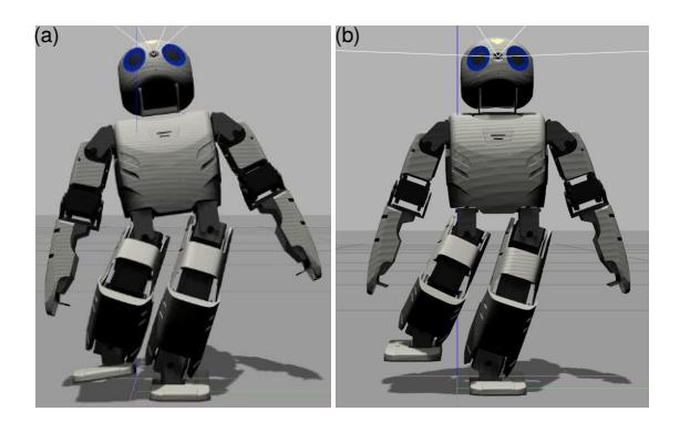 Snapshots from the Gazebo simulation when the robot is with its right foot off the ground to show the effect of gravity compensation: (a) without gravity compensation; (b) with gravity compensation.
