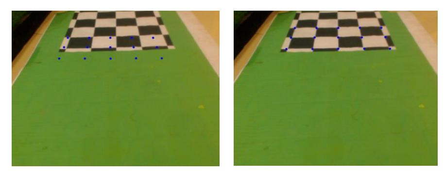 Left: projected points before calibration. Right: projected points after calibration.