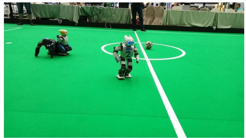 Fig. 1. Robotis DARwIn-OP2 robot at game field at RoboCup Asia-Pacific 2017, Bangkok