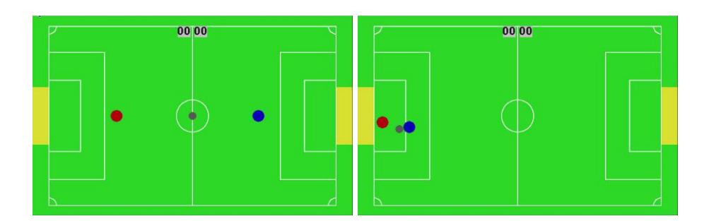 Two scenes of a PythoCup game. The left screenshot shows the moment before the game starts. The right screenshot shows the blue player attacking the goal of the red player.