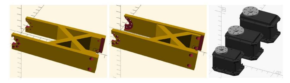 Depicted is the design of the thigh of the BoldBot model used in RoboCup 2018 (left). We redesigned this part with some additional support structure (middle). We will investigate whether the support for the horn and bearing will help to reduce the stress on the screws. The picture on the right shows the design of Dynamixel servos. These models can be used in OpenSCAD for designing limbs.
