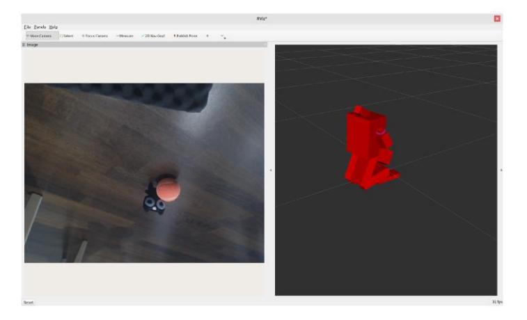 Screenshot of RViz2, showing camera feed and robot model built from joint states read from subcontroller.