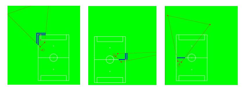 The visibility status of observations in different positions of robot. In the right image some observations are in the polygon that describes the field of view but they are not visible due to their large distance from the robot.