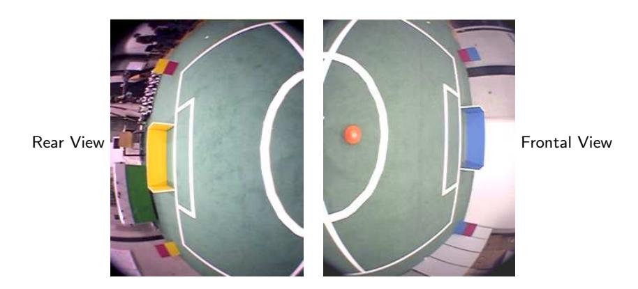 Images captured simultaneously by two wide-angle USB cameras, pointing into frontal and backwards direction.