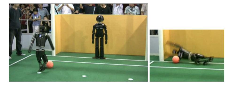 Fig. 1. RoboCup 2008 TeenSize semi final NimbRo vs. Team Osaka. The NimbRo robot Bodo kicked reliably (left) and jumped quickly to the ground as goalie (right).