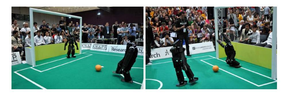 Fig. 1. RoboCup 2009 TeenSize final NimbRo vs. CIT Brains. The NimbRo robot Dynaped kicked reliably (left) and jumped quickly to the ground as goalie (right).