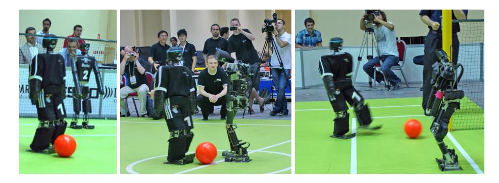 RoboCup 2011 TeenSize finale: NimbRo vs. KMUTT. Our team played with the robots Dynaped (field player) and Bodo (goalie).