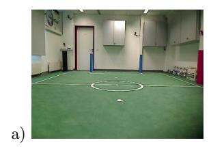 Wide-angle lens: a) A raw camera image of a RoboCup soccer field without the wide-angle lens. b) An image from the same perspective using the wide-angle lens shows the increased field-of-view and the introduced barrel distortion. c) Undistorted camera image computed using Eq. 1.