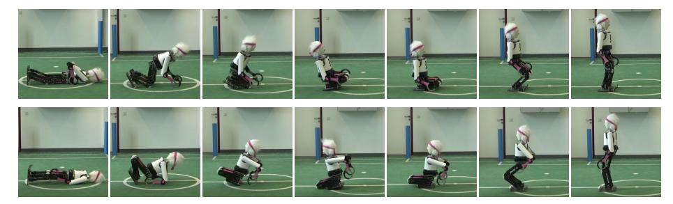 Top row: Get-up motion from the prone posture. Bottom row: Get-up motion from the supine posture. In both motion sequences, the robot passively rocks back and forth on the foot edges from frames 3 to 5.