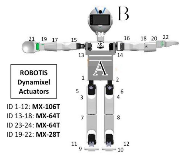 Fig. 2. A) The torso holds the on-board computing components and power supply. Computing components consist of an Intel NUC 53427HYE and a LG Nexus 4. Power is supplied by a 14.8V 3600mAh Li-Po battery, which rests above motors 1 and 2. B) The Logitech C905 720p webcam is housed in the head along with an android phone used for social interaction.