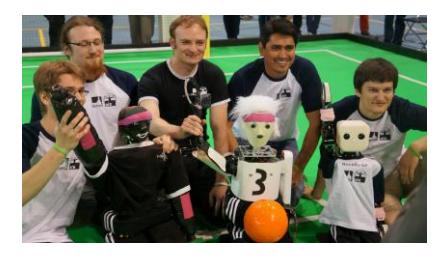 Left: Team NimbRo with robots Dynaped, Copedo, and NimbRo-OP. Right: Team NimbRo vs. CIT-Brains in the RoboCup 2013 finals.