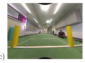 Wide-angle lens: a) A raw camera image of a RoboCup soccer field without the wide-angle lens. b) An image from the same perspective using the wide-angle lens shows the increased field-of-view and the introduced barrel distortion. c) Undistorted camera image.
