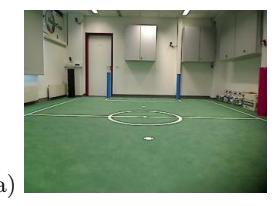 Wide-angle lens: a) A raw camera image of a RoboCup soccer field without the wide-angle lens. b) An image from the same perspective using the wide-angle lens shows the increased field-of-view and the introduced barrel distortion. c) Undistorted camera image.