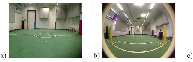 Wide-angle lens: a) A raw camera image of a RoboCup soccer field without the wide-angle lens. b) An image from the same perspective using the wide-angle lens shows the increased field-of-view and the introduced barrel distortion. c) Undistorted camera image.