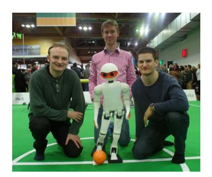 Left: Team NimbRo with the igus Humanoid Open Platform. Right: From left to right, NimbRo robots Copedo, NimbRo-OP and Dynaped.
