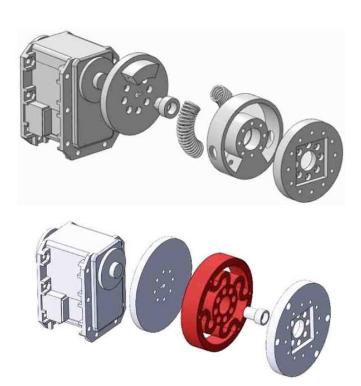 Top left: first version of our modular Series Elastic Actuator. Bottom left: work-in-progress simplifying the design, now we are simplifying even further to only two moving parts. Right: Kid Size Humanoid from WF Wolves equipped with SEAs in the knees during RoboCup 2014.