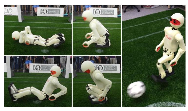 Dynamic get-up motions of the igus Humanoid Open Platform, from the prone (top row) and supine (bottom row) lying positions, and a still image of the kick motion.